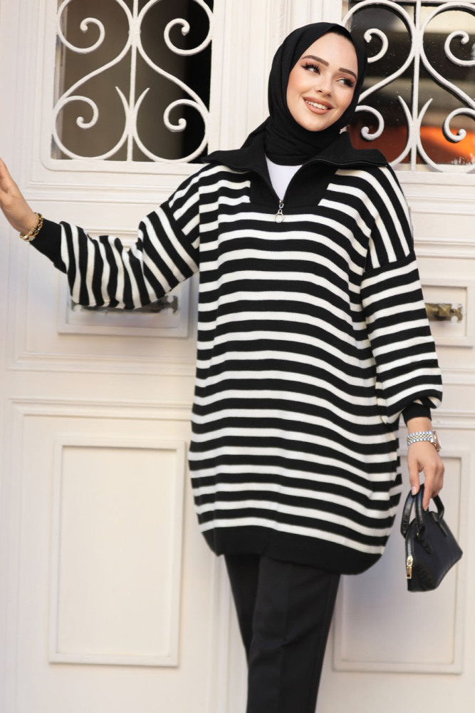 Çizgili Siyah Tesettür Triko Tunik 65902S - 2