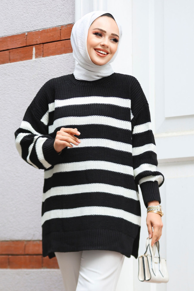 Çizgili Siyah Tesettür Triko Tunik Kazak 118602S - 1