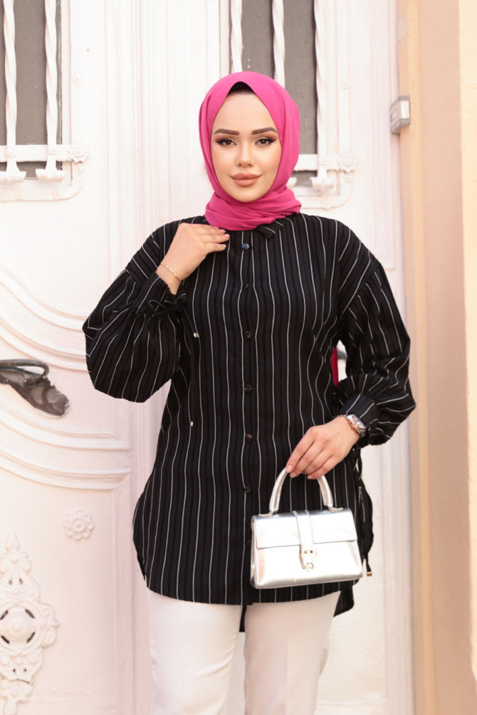 Çizgili Siyah Tesettür Tunik 101016S - 2