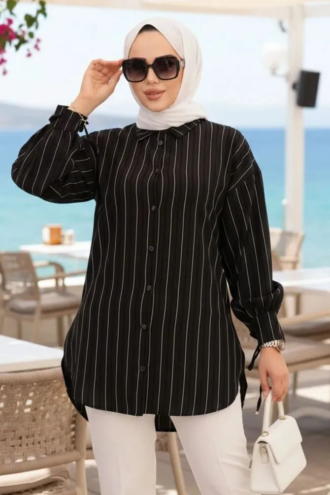 Çizgili Siyah Tesettür Tunik 101016S - 1