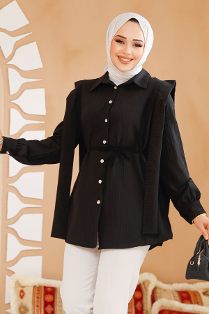 Omuzları Kuşak Detaylı Siyah Tesettür Tunik 10131S - 1