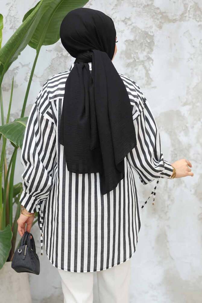 Çizgili Siyah Tesettür Tunik 10152S - 4