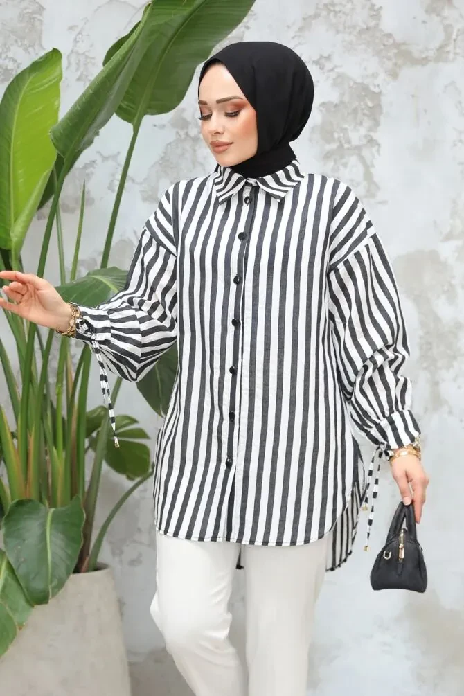 Çizgili Siyah Tesettür Tunik 10152S - 1