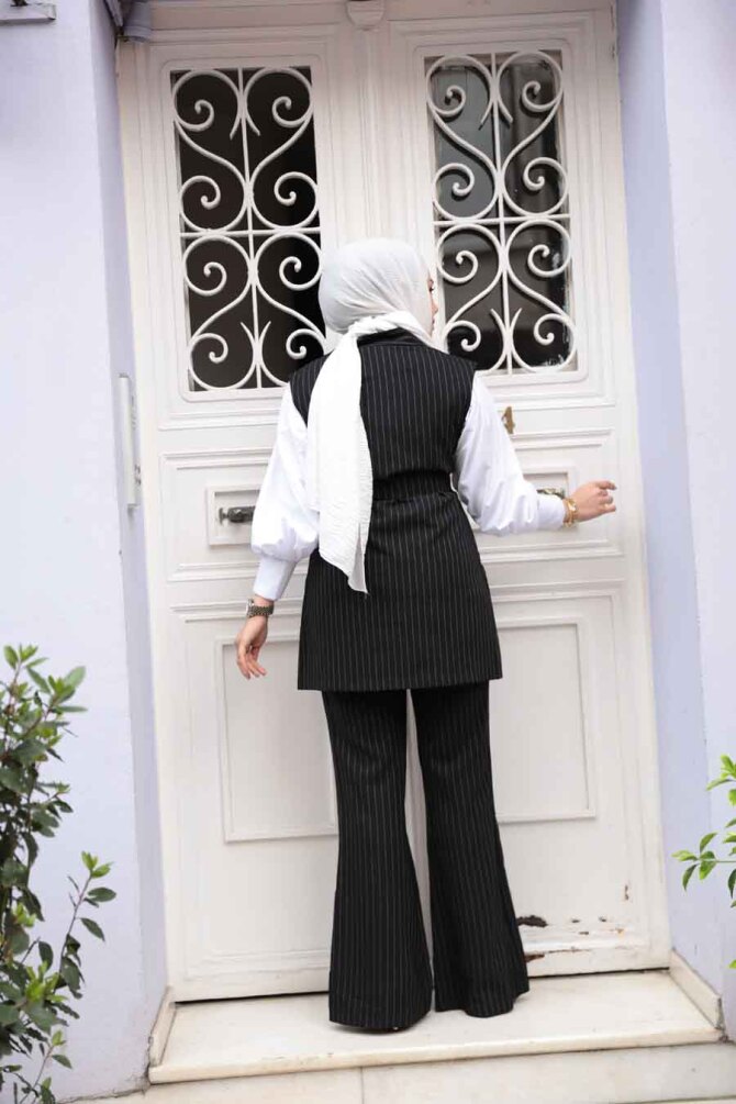 Çizgili Siyah Yelekli Tesettür İkili Takım 12551S - 3