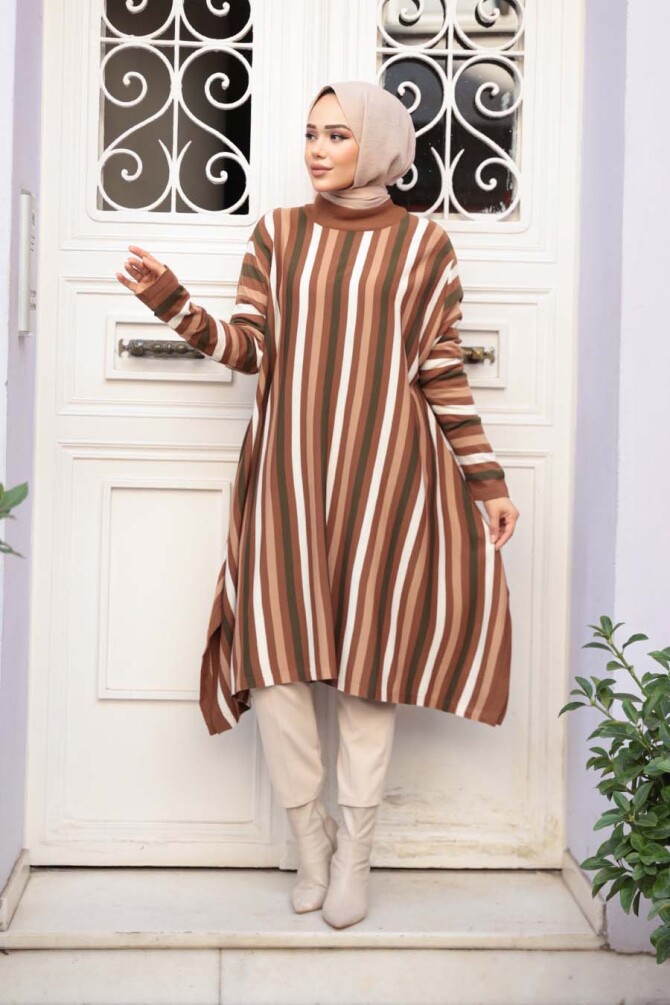 Çizgili Taba Tesettür Triko Panço Tunik 56751TB - 1