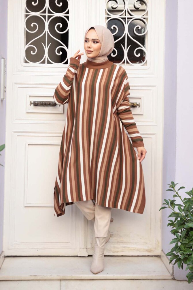 Çizgili Taba Tesettür Triko Panço Tunik 56751TB - 2