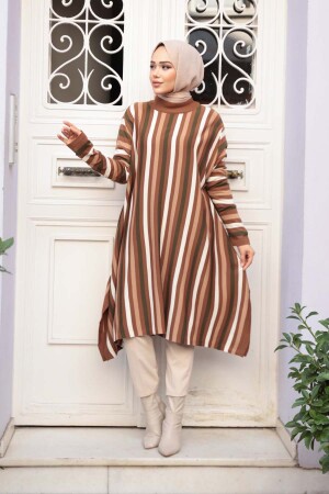 Çizgili Taba Tesettür Triko Panço Tunik 56751TB - 1