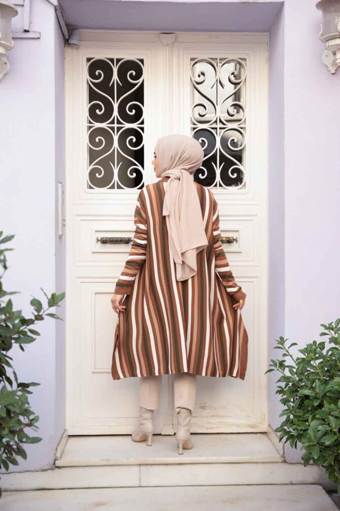 Çizgili Taba Tesettür Triko Panço Tunik 56751TB - 3
