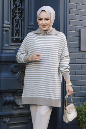 Çizgili Vizon Tesettür Triko Kazak Tunik 65904V - 2
