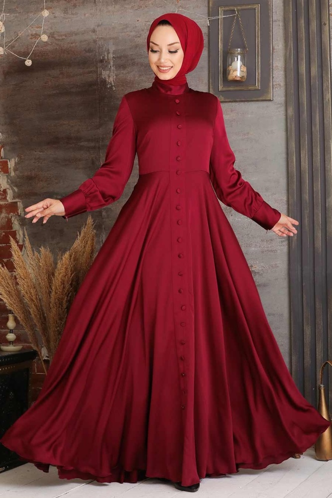 Claret Red Hijab Evening Dress 25520BR - 1