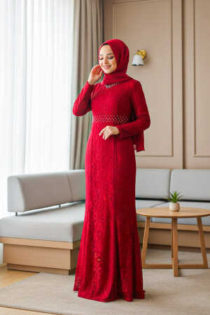 Claret Color Hijab Evening Dress 2144BR - TESETTÜRLÜ ABİYE ELBİSELER