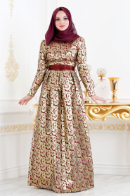 Claret Color Hijab Evening Dress 82446BR - Thumbnail