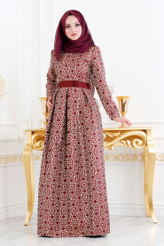 Claret Color Hijab Evening Dress 82451BR - Thumbnail