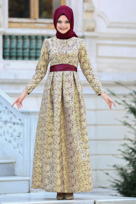 Claret Color Hijab Evening Dress 82452BR