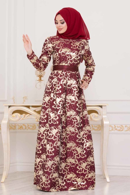 Claret Color Hijab Evening Dress 82458BR