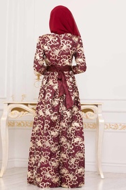 Claret Color Hijab Evening Dress 82458BR - Thumbnail