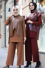 Claret Red Hijab Dual Suit Dress 13401BR - Thumbnail
