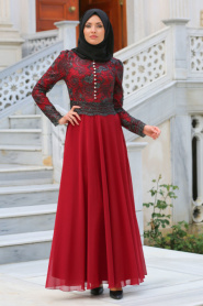 Claret Red Hijab Evening Dress 7697BR - Thumbnail