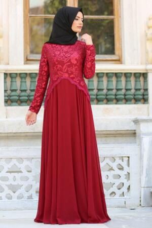  Claret Red Hijab Evening Dress 7603BR - 1