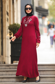 Claret Red Hijab Dress 23120BR - Thumbnail
