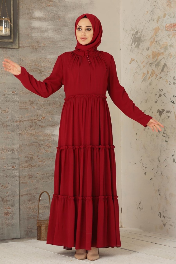 Claret Red Hijab Dress 2746BR - 2