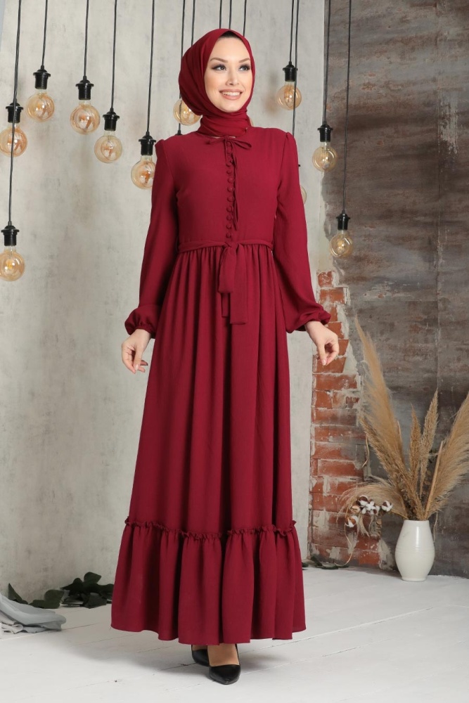 Claret Red Hijab Dress 2767BR - 1
