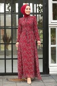 Claret Red Hijab Dress 27902BR - Thumbnail