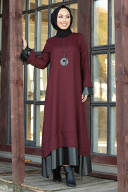 Claret Red Hijab Dress 3348BR - Thumbnail