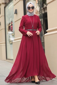 Claret Red Hijab Dress 51231BR - Thumbnail