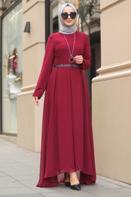 Claret Red Hijab Dress 51231BR - Thumbnail