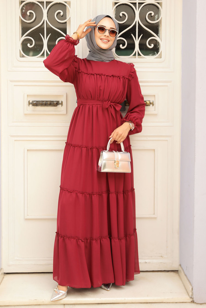 Claret Red Hijab Dress 57970BR - 2