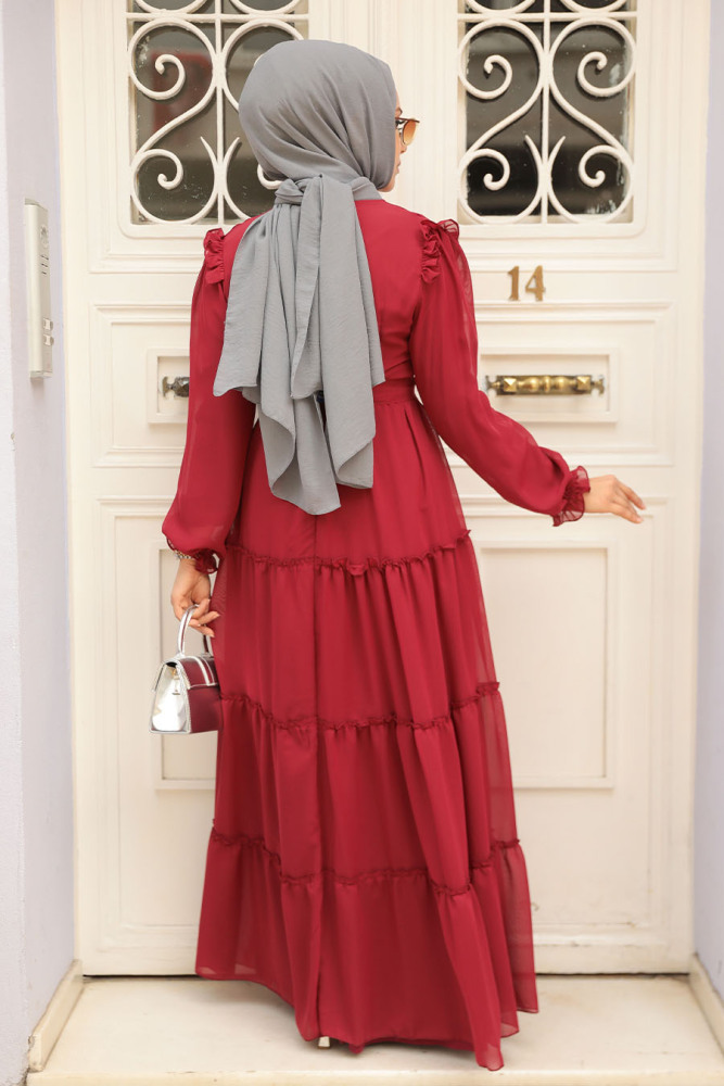 Claret Red Hijab Dress 57970BR - 3