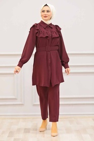 Claret Red Hijab Dual Suit Dress 14701BR - Thumbnail