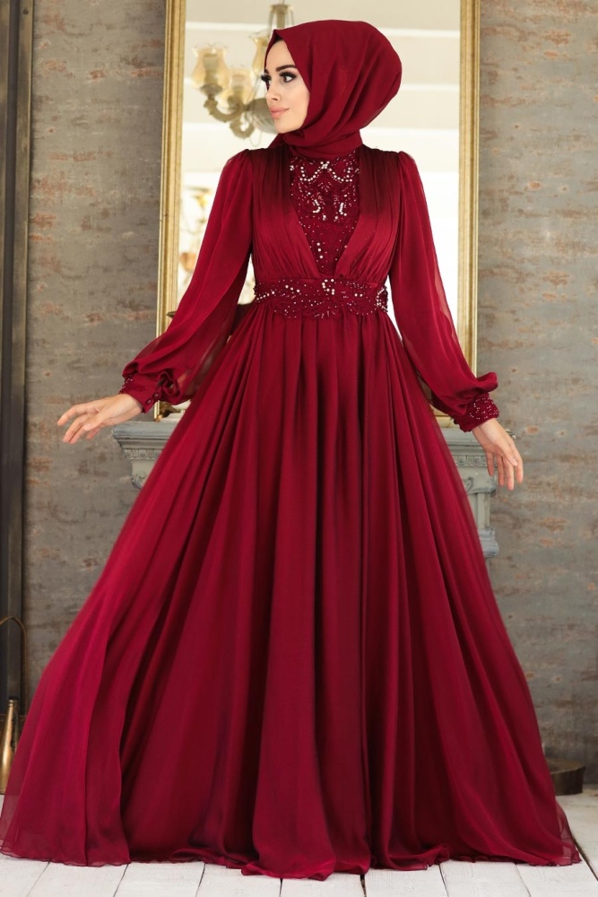 Neva Style - Luxorious Claret Red Hijab Evening Dress 21540BR - 1