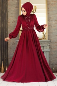Neva Style - Luxorious Claret Red Hijab Evening Dress 21540BR - Thumbnail
