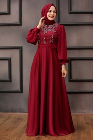 Claret Red Hijab Evening Dress 2155BR - Thumbnail