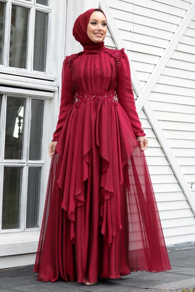 Neva Style - Luxury Claret Red Muslim Long Sleeve Dress 21850BR - 2