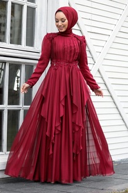 Neva Style - Luxury Claret Red Muslim Long Sleeve Dress 21850BR - Thumbnail