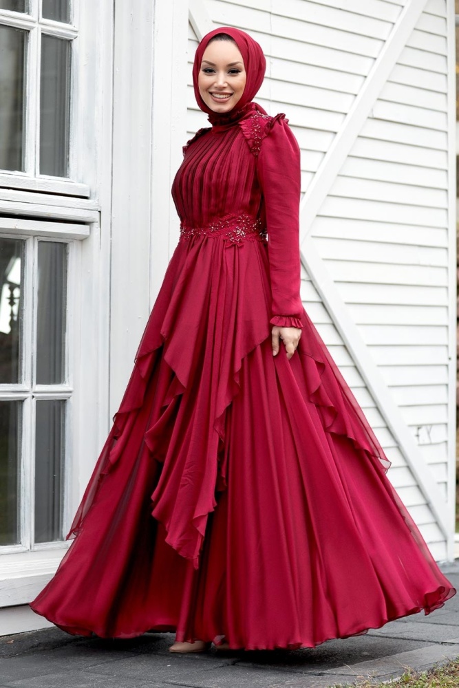 Neva Style - Luxury Claret Red Muslim Long Sleeve Dress 21850BR - 3