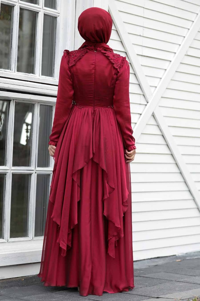 Neva Style - Luxury Claret Red Muslim Long Sleeve Dress 21850BR - 4
