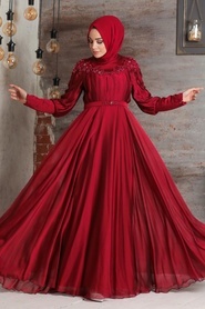 Neva Style - Luxorious Claret Red Islamic Dress 21881BR - Thumbnail