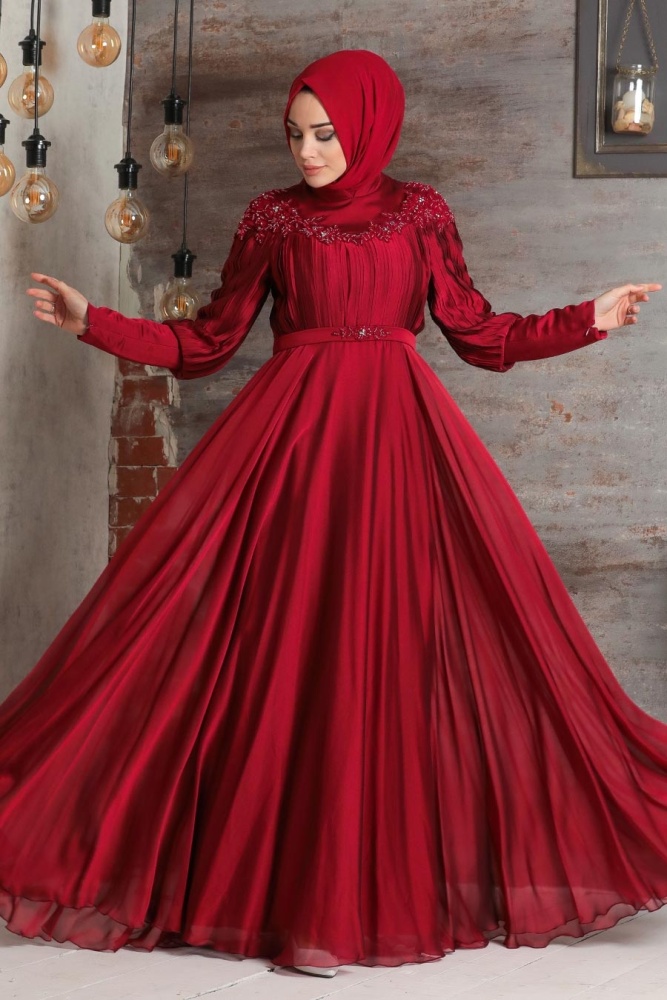 Neva Style - Luxorious Claret Red Islamic Dress 21881BR - 1