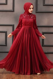 Neva Style - Satin Claret Red Islamic Bridesmaid Dress 21990BR - Thumbnail