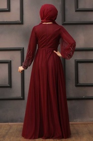 Neva Style -Stylish Claret Red Islamic Long Sleeve Dress 22021BR - Thumbnail