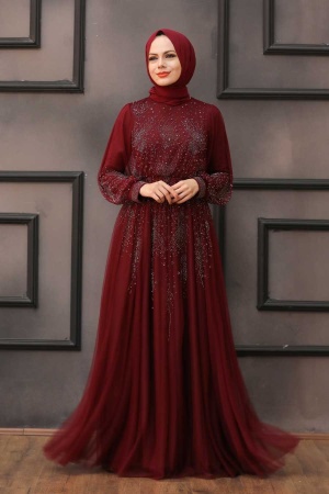 Neva Style - Long Claret Red Islamic Wedding Dress 22031BR - 1