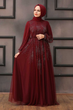 Neva Style - Long Claret Red Islamic Wedding Dress 22031BR - 2