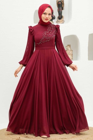 Neva Style - Long Sleeve Claret Red Hijab Dress 22110BR - 1