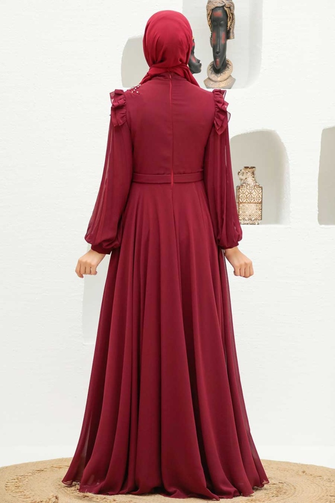 Neva Style - Long Sleeve Claret Red Hijab Dress 22110BR - 2