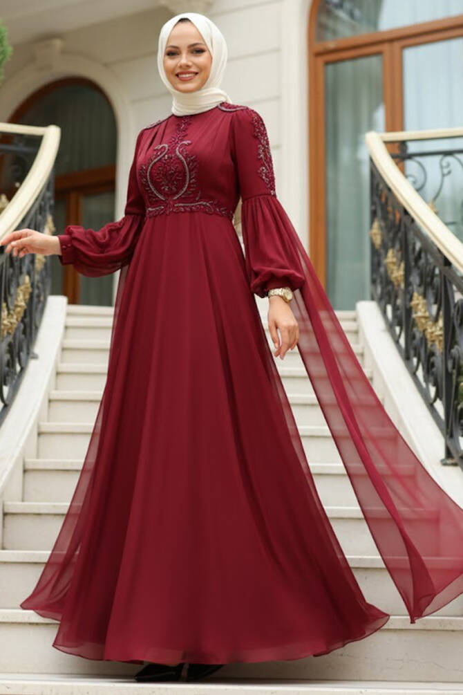 Neva Style - Elegant Claret Red Muslim Fashion Evening Dress 2212BR - 1