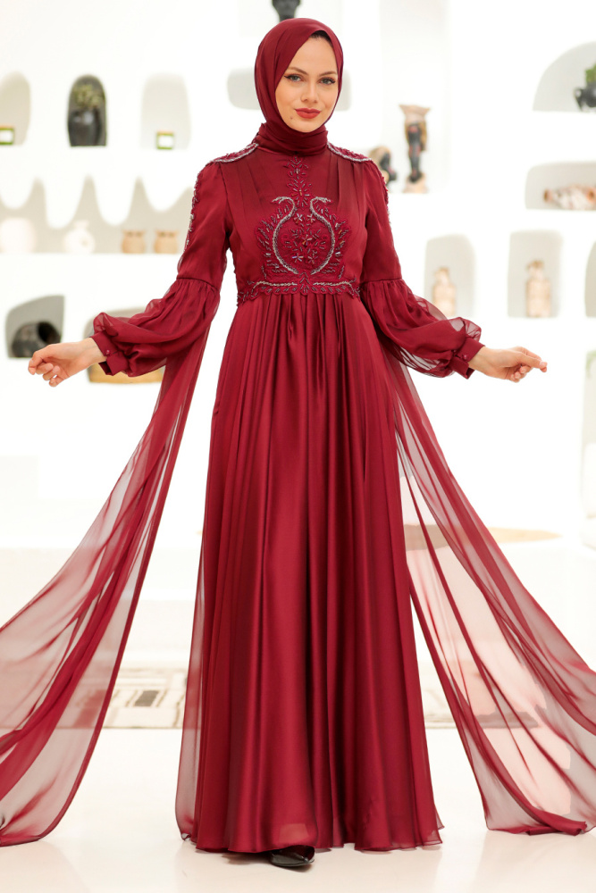 Neva Style - Elegant Claret Red Muslim Fashion Evening Dress 2212BR - 1